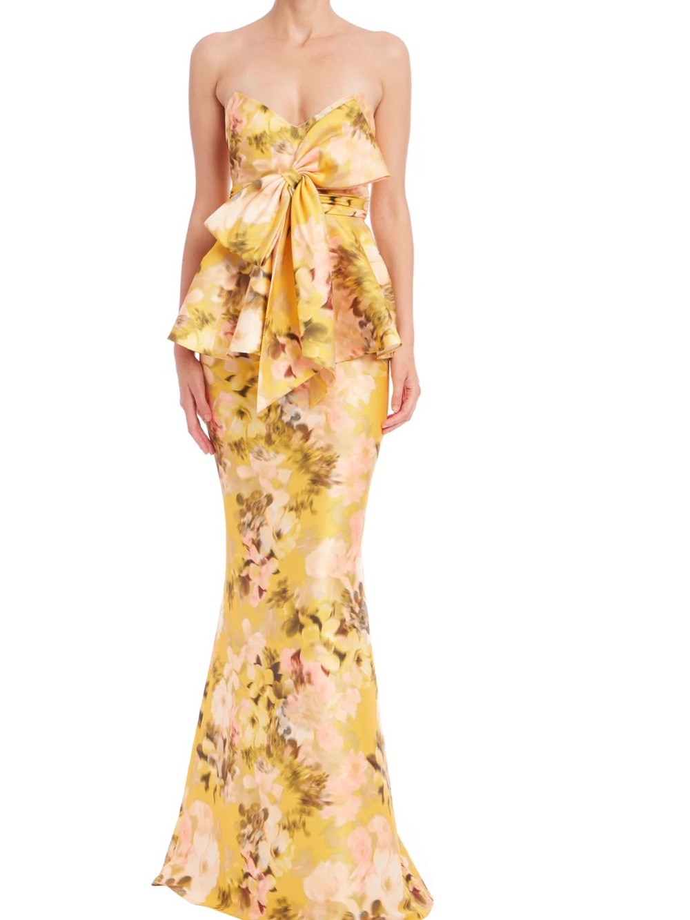 Badgley Mischka Yellow Bow Peplum gown